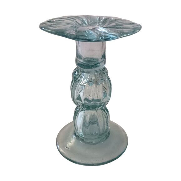 Hand Blown Art Glass Candlestick Holder Taper SINGLE ICY Blue Mexico Beachy Vtg. - Picture 5 of 13